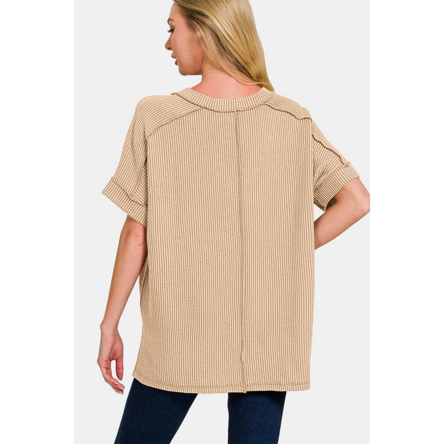 Zenana Corded Rib Short Sleeve High-Low T-Shirt Apparel and Accessories