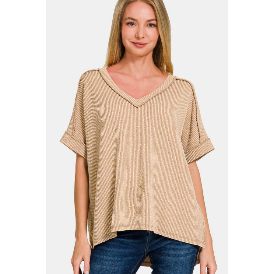 Zenana Corded Rib Short Sleeve High-Low T-Shirt LT Mocha / S/M Apparel and Accessories