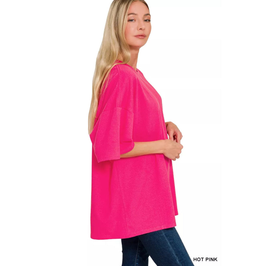 Zenana Cotton Short Sleeve Oversized Tunic Tee HOT PINK / S/M Apparel and Accessories