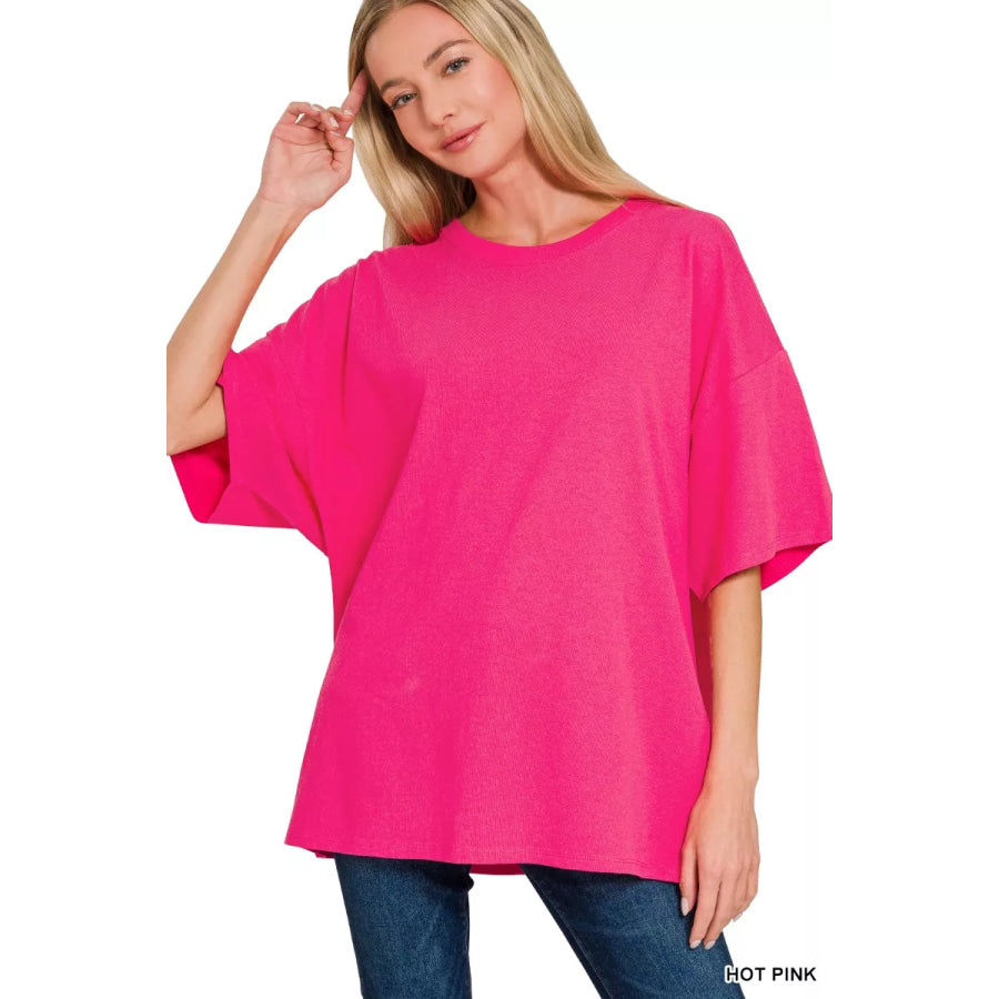 Zenana Cotton Short Sleeve Oversized Tunic Tee HOT PINK / S/M Apparel and Accessories