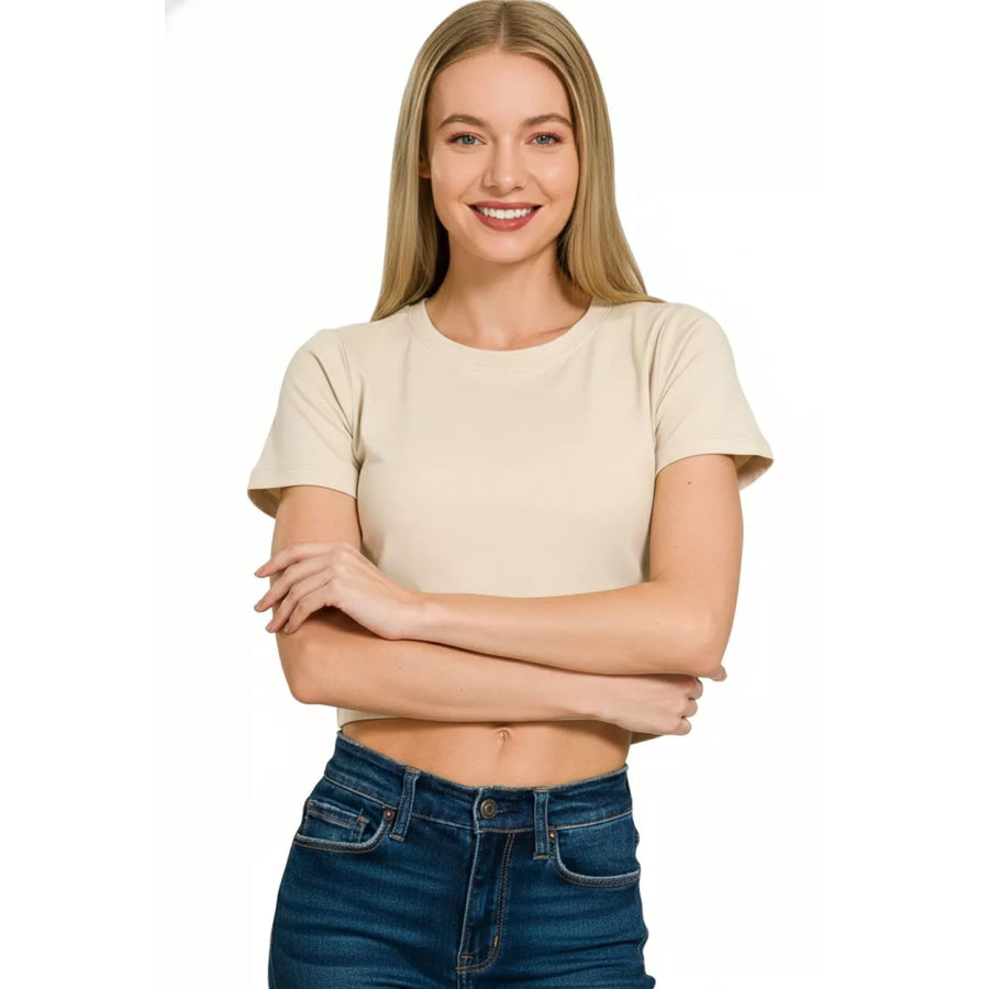 Zenana Cotton Short Sleeve Round Neck Cropped Top Apparel and Accessories