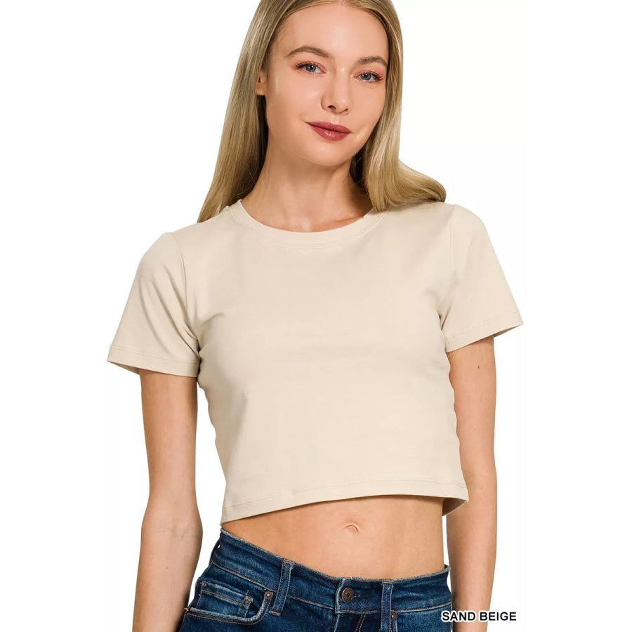 Zenana Cotton Short Sleeve Round Neck Cropped Top SAND BEIGE / S Apparel and Accessories