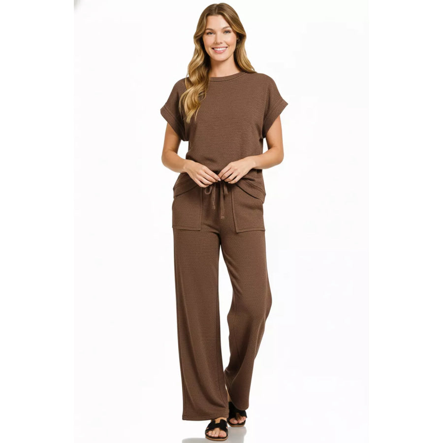 Zenana Cotton Slub Short Sleeve Tee and Pants Set Apparel and Accessories