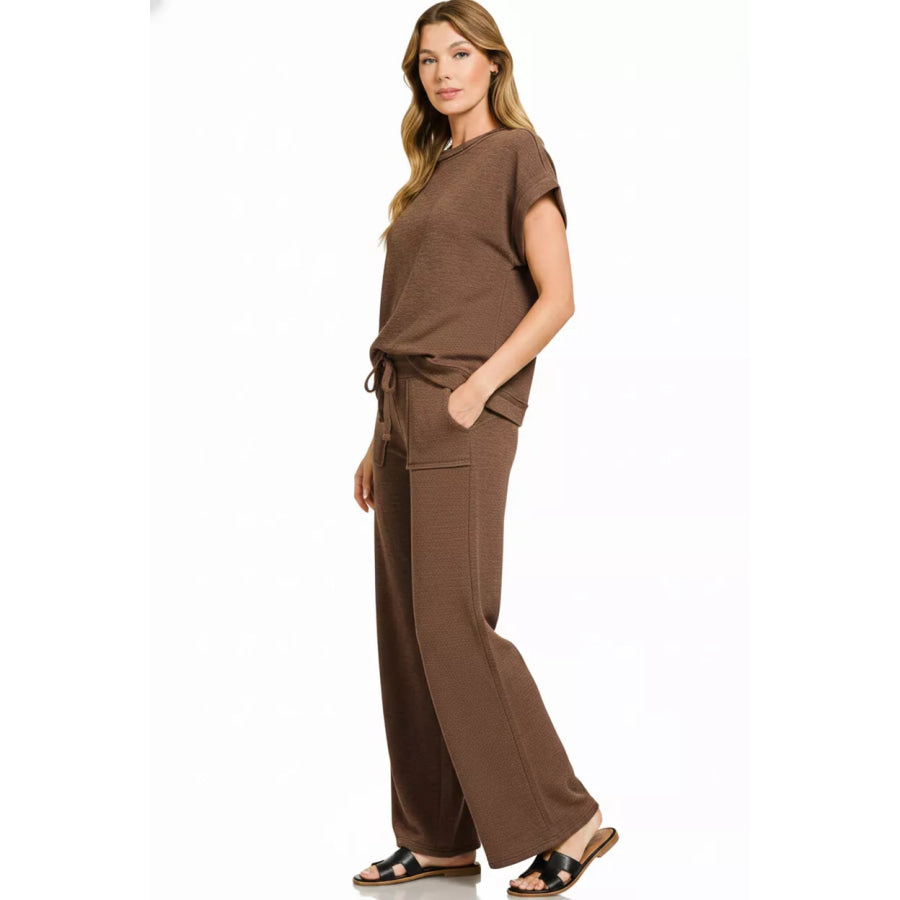 Zenana Cotton Slub Short Sleeve Tee and Pants Set Apparel and Accessories