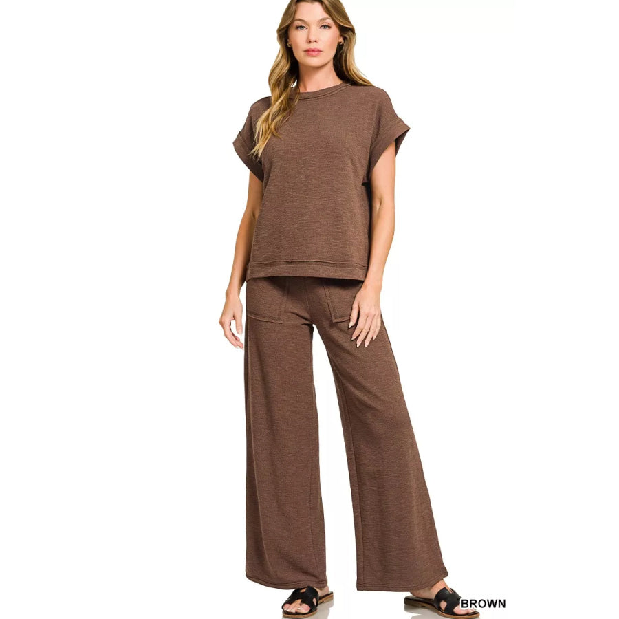 Zenana Cotton Slub Short Sleeve Tee and Pants Set BROWN / S Apparel and Accessories