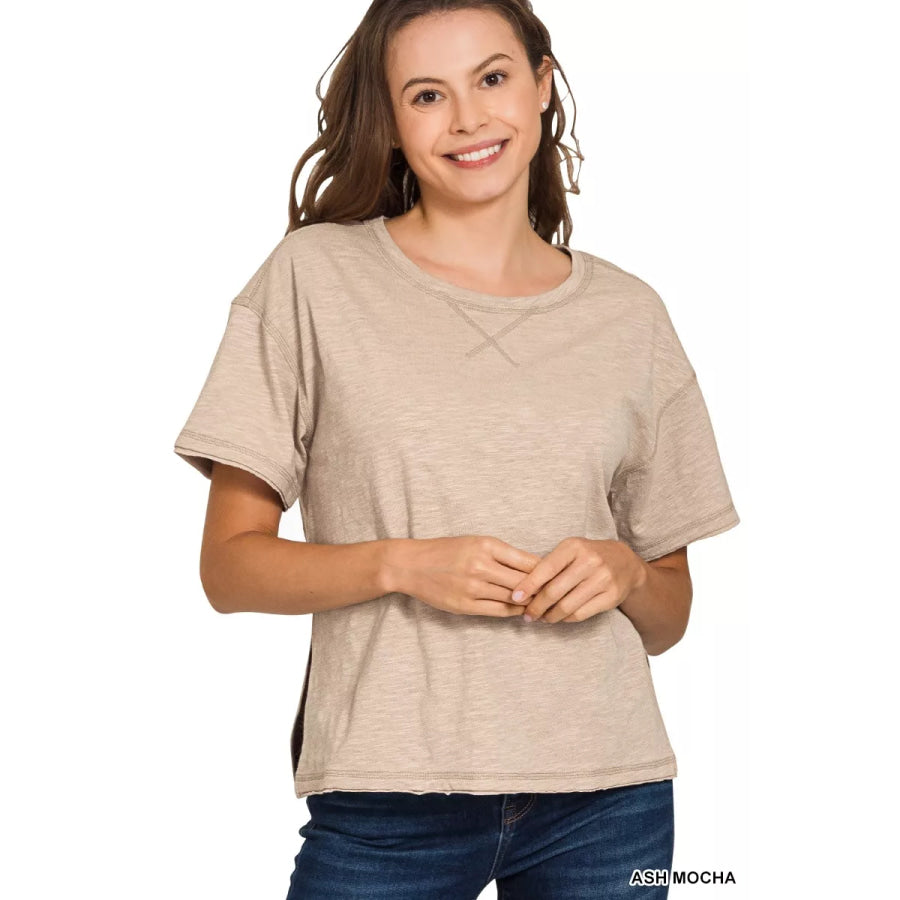 Zenana Cotton Slub Short Sleeve Tee ASH MOCHA / S Apparel and Accessories