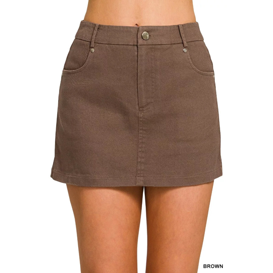 Zenana Cotton Twill Lined Mini Skirts BROWN / S Apparel and Accessories
