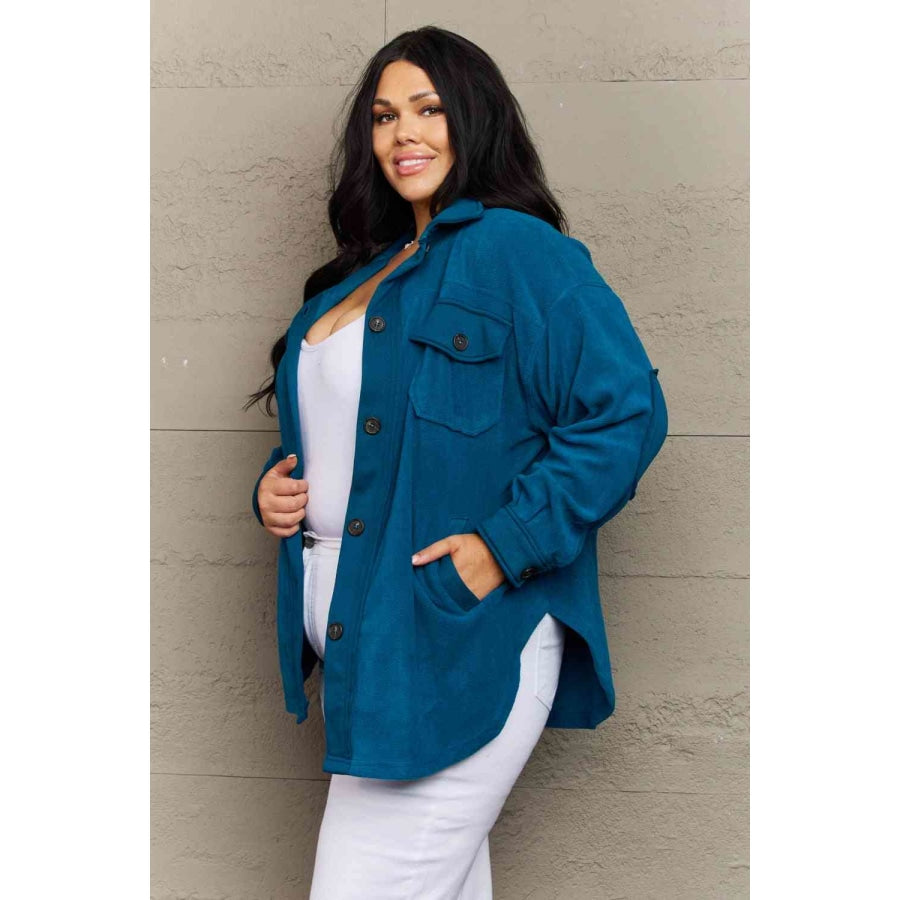 Zenana Cozy in the Cabin Full Size Fleece Elbow Patch Shacket in Teal Apparel and Accessories