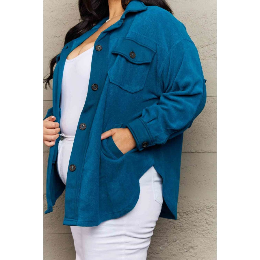 Zenana Cozy in the Cabin Full Size Fleece Elbow Patch Shacket in Teal Apparel and Accessories