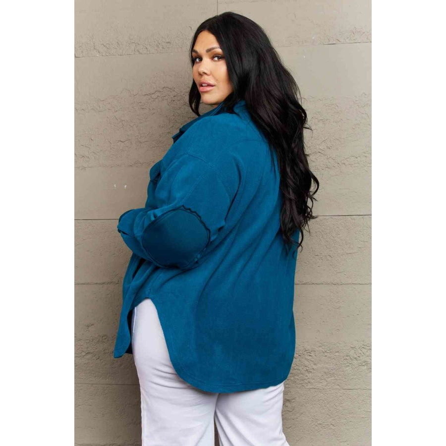 Zenana Cozy in the Cabin Full Size Fleece Elbow Patch Shacket in Teal Teal / S Apparel and Accessories