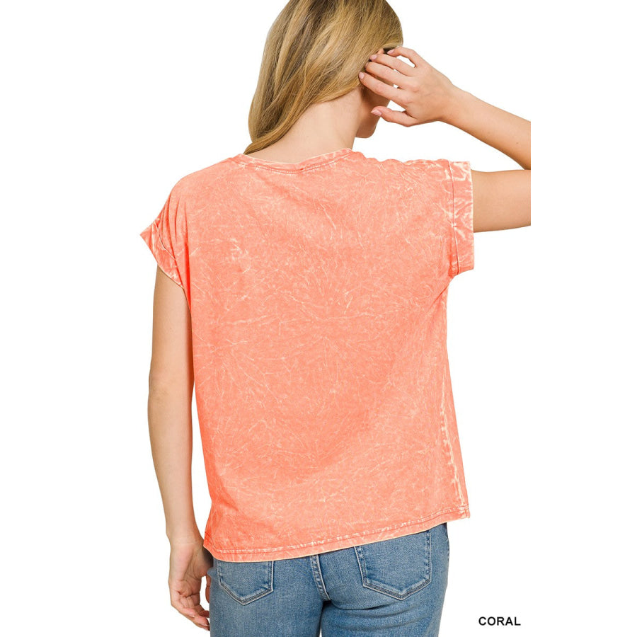 Zenana Crinkle Washed Round Neck Folded Short Sleeve Tee Apparel and Accessories