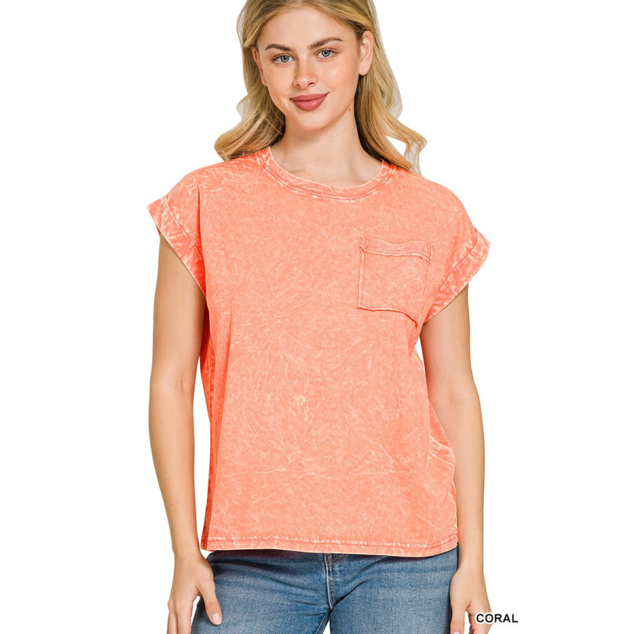 Zenana Crinkle Washed Round Neck Folded Short Sleeve Tee CORAL / S Apparel and Accessories