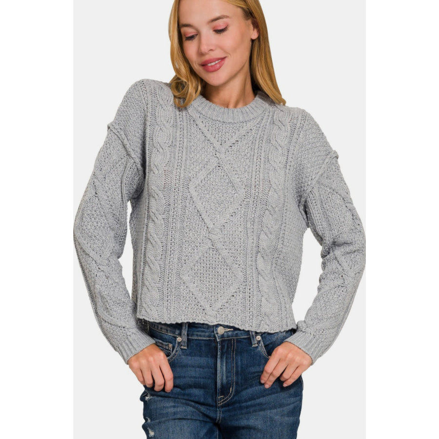 Zenana Cropped High Low Cable Sweater with Side Slits Apparel and Accessories