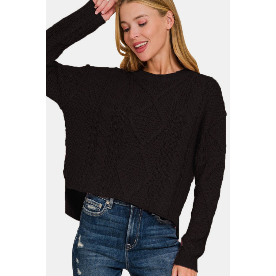 Zenana Cropped High Low Cable Sweater with Side Slits Apparel and Accessories