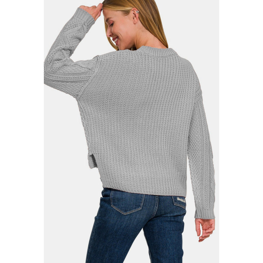 Zenana Cropped High Low Cable Sweater with Side Slits Apparel and Accessories