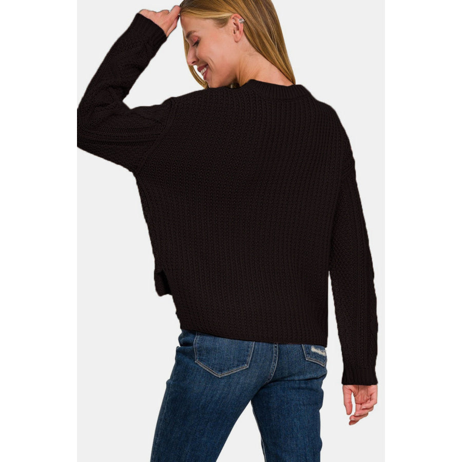 Zenana Cropped High Low Cable Sweater with Side Slits Apparel and Accessories