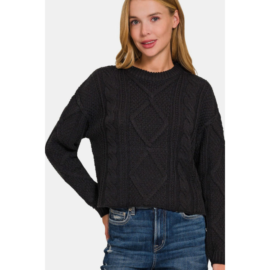 Zenana Cropped High Low Cable Sweater with Side Slits Black / S Apparel and Accessories