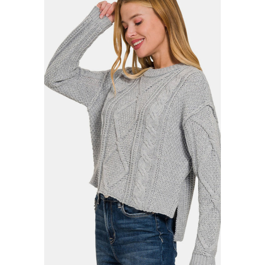 Zenana Cropped High Low Cable Sweater with Side Slits H Grey / S Apparel and Accessories