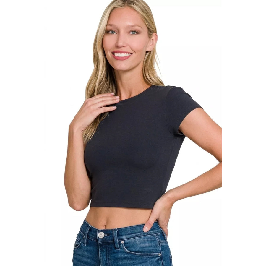 Zenana Cropped Interlock Short Sleeve Top Apparel and Accessories