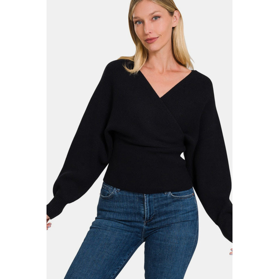 Zenana Cross Wrap Rib Long Sleeve Sweater Apparel and Accessories