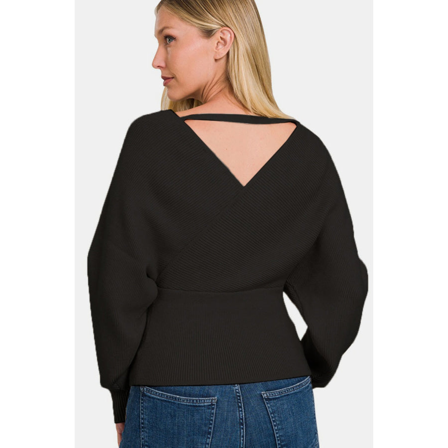 Zenana Cross Wrap Rib Long Sleeve Sweater Apparel and Accessories