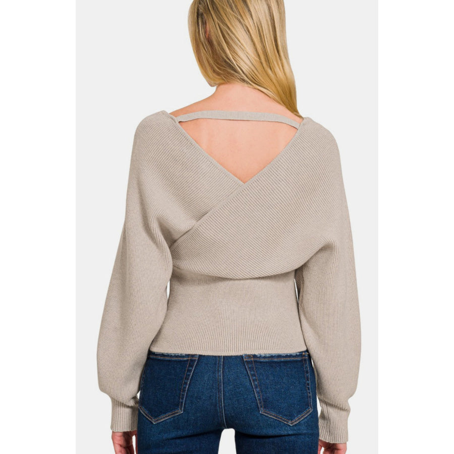 Zenana Cross Wrap Rib Long Sleeve Sweater Apparel and Accessories