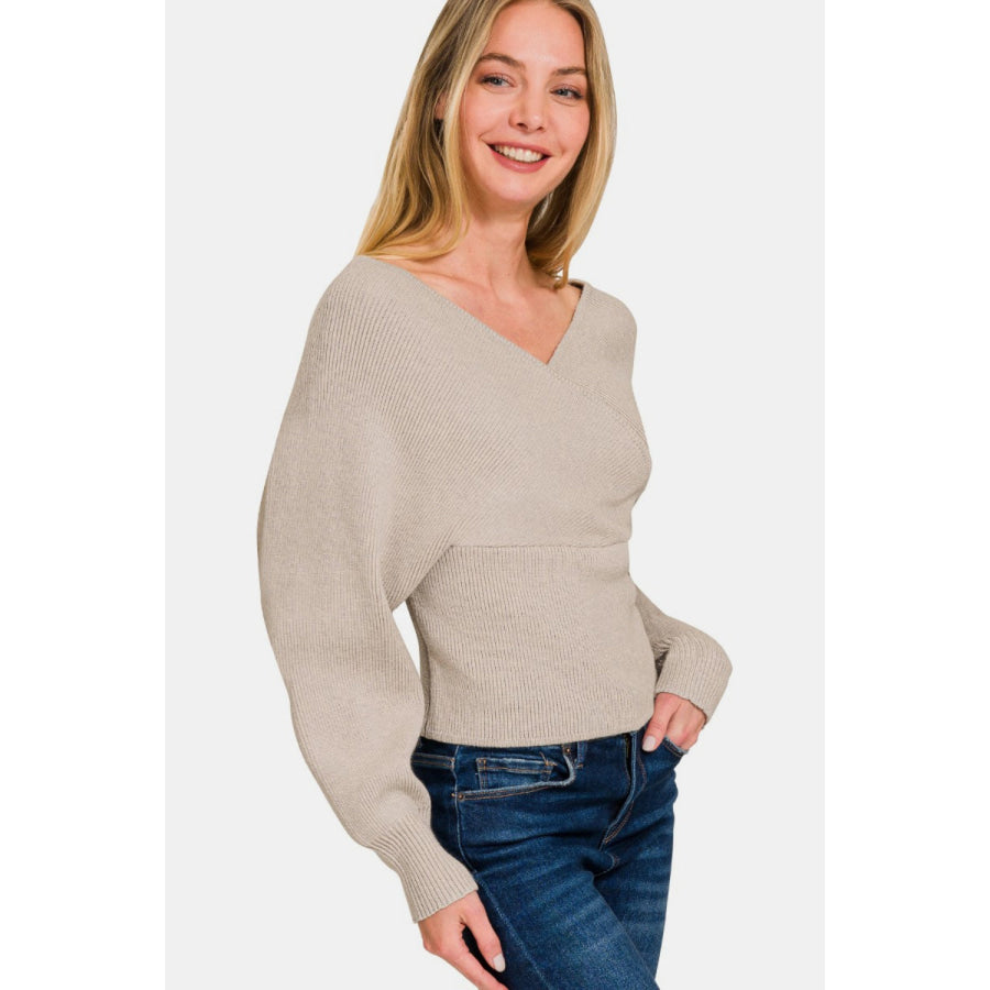 Zenana Cross Wrap Rib Long Sleeve Sweater Apparel and Accessories