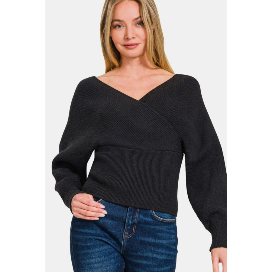 Zenana Cross Wrap Rib Long Sleeve Sweater Black / S Apparel and Accessories