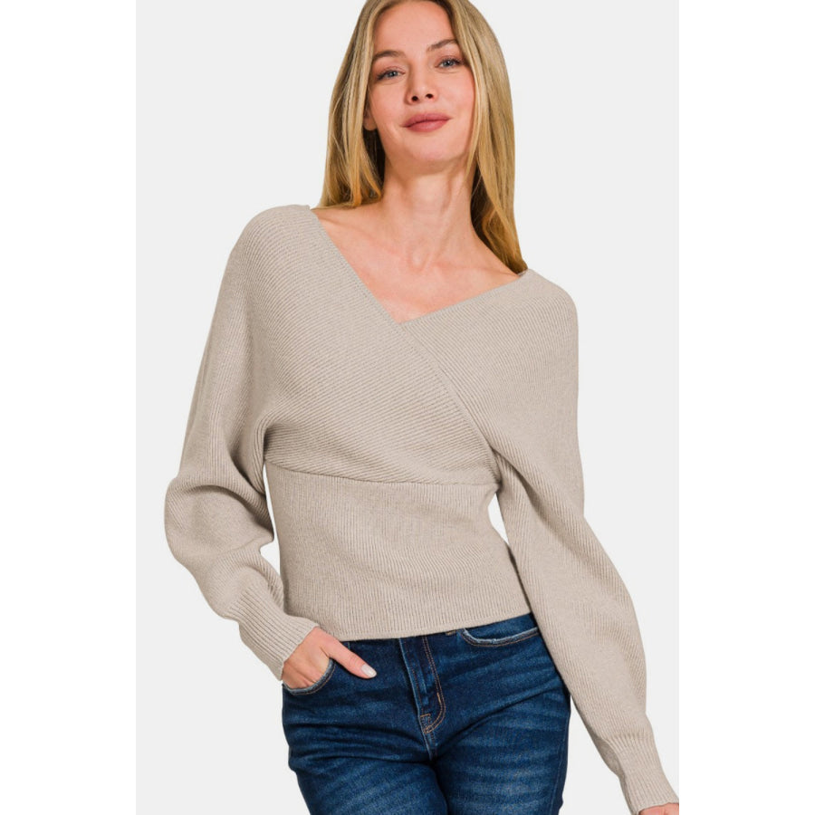 Zenana Cross Wrap Rib Long Sleeve Sweater H Mocha / S Apparel and Accessories