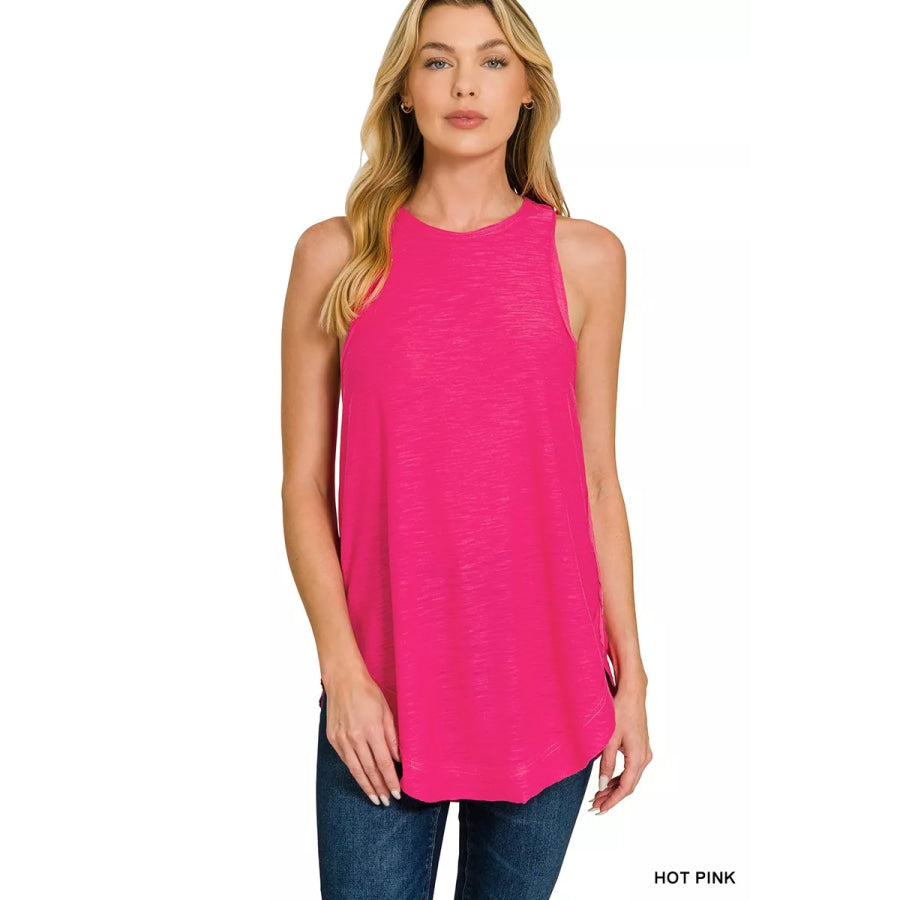 Zenana Curved Hem Slub Tunic Tank HOT PINK / S Apparel and Accessories