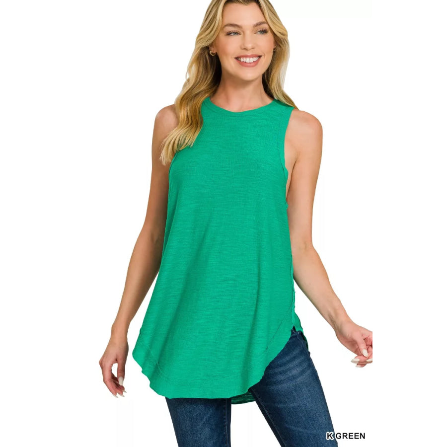 Zenana Curved Hem Slub Tunic Tank K GREEN / S Apparel and Accessories
