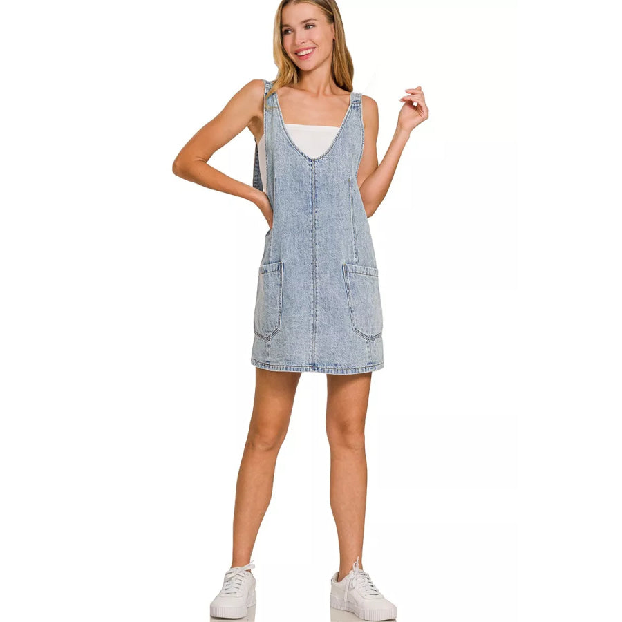 Zenana Denim Overall Dress with Front Pockets Apparel and Accessories