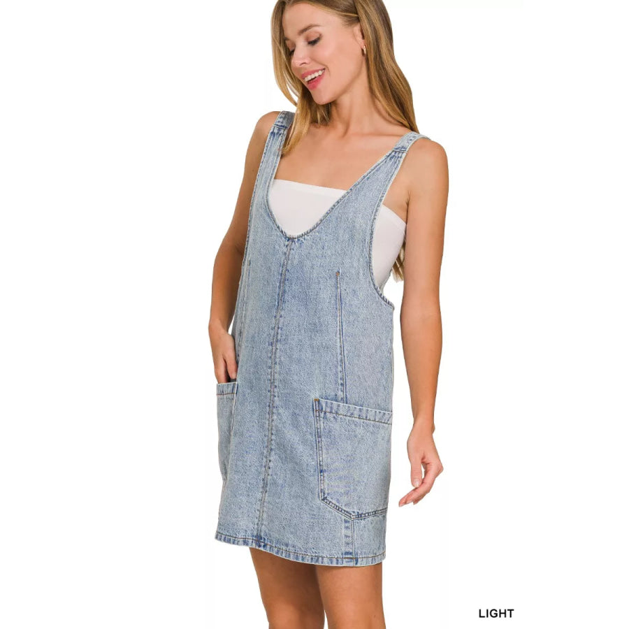 Zenana Denim Overall Dress with Front Pockets Apparel and Accessories