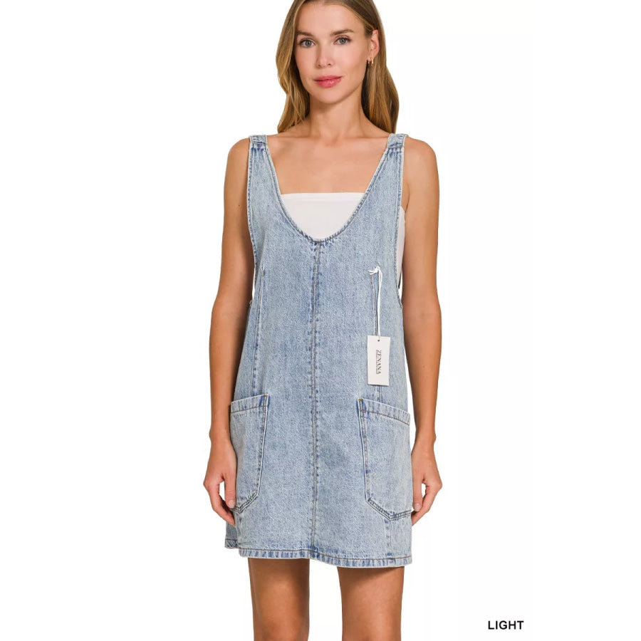 Zenana Denim Overall Dress with Front Pockets Apparel and Accessories