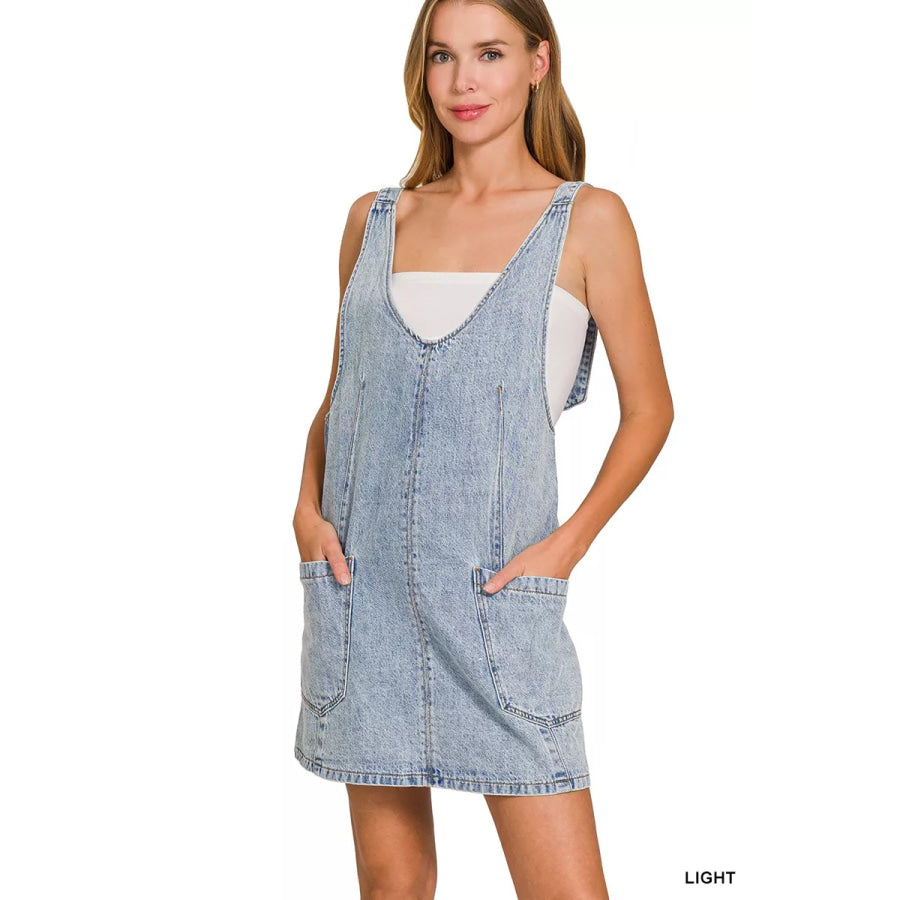 Zenana Denim Overall Dress with Front Pockets Apparel and Accessories