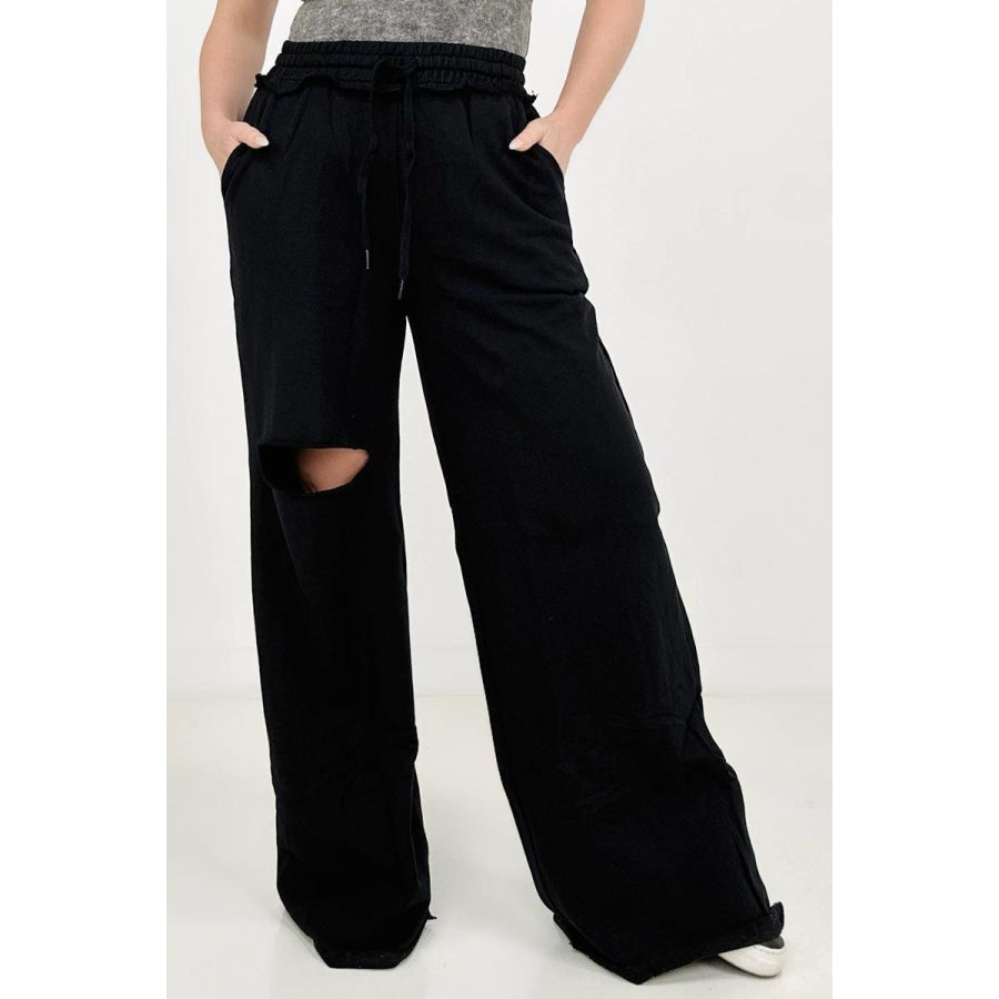 Zenana Distressed Knee French Terry Sweats With Pockets - New Colors Black / 1X Pants