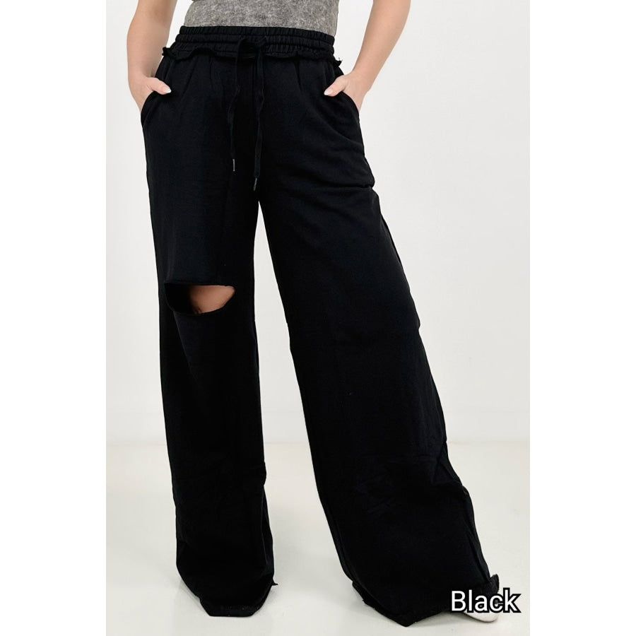 Zenana Distressed Knee French Terry Sweats With Pockets - New Colors Black / S Pants