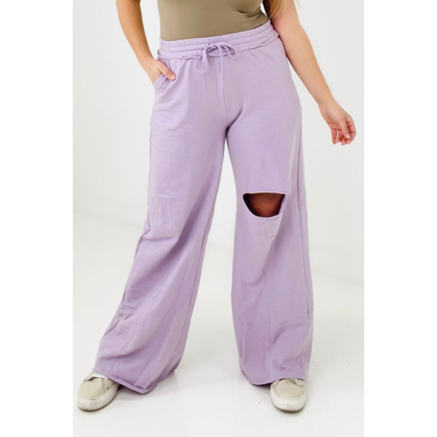 Zenana Distressed Knee French Terry Sweats With Pockets - New Colors Dusty Lavender / S Pants