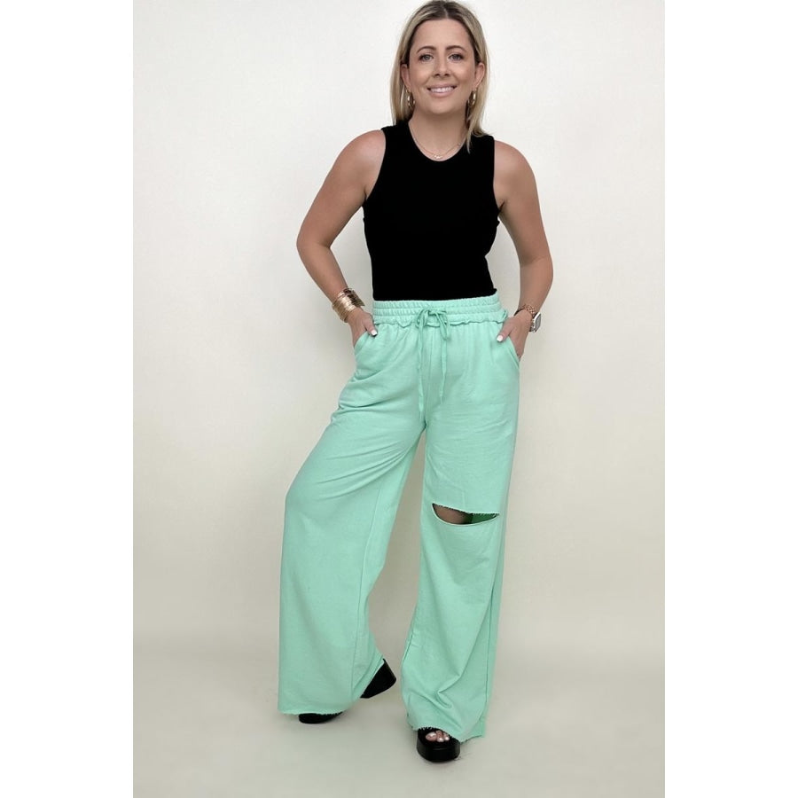 Zenana Distressed Knee French Terry Sweats With Pockets - New Colors Green Mint / S Pants