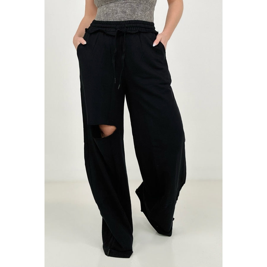 Zenana Distressed Knee French Terry Sweats With Pockets - New Colors Pants