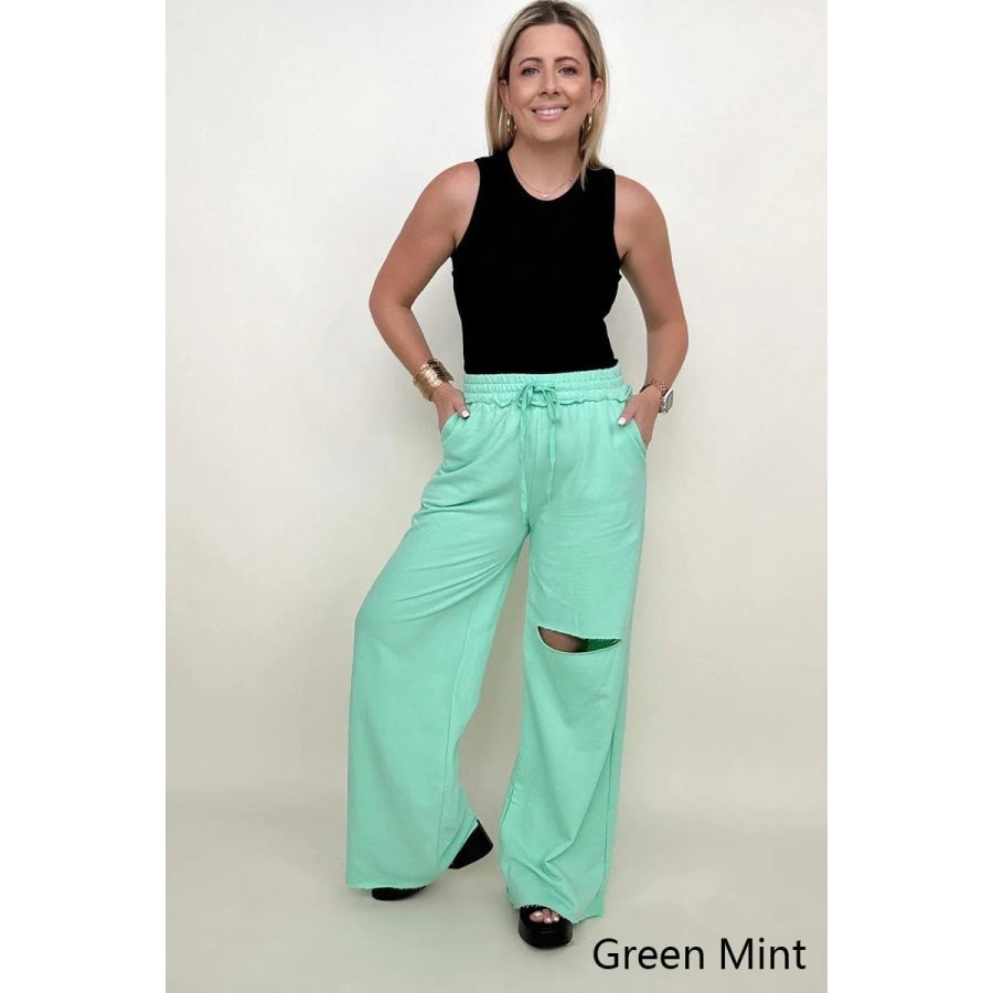 Zenana Distressed Knee French Terry Sweats With Pockets - New Colors Green Mint / S Pants