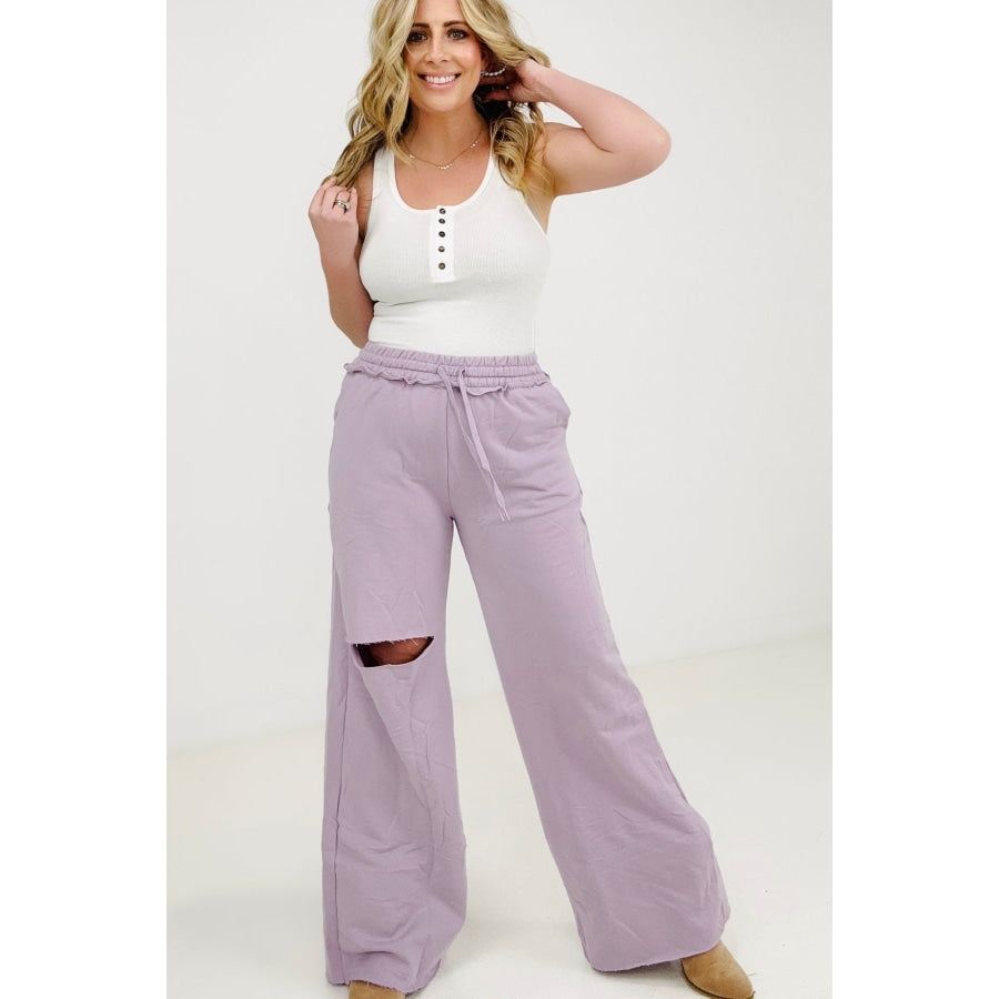 Zenana Distressed Knee French Terry Sweats With Pockets - New Colors Pants