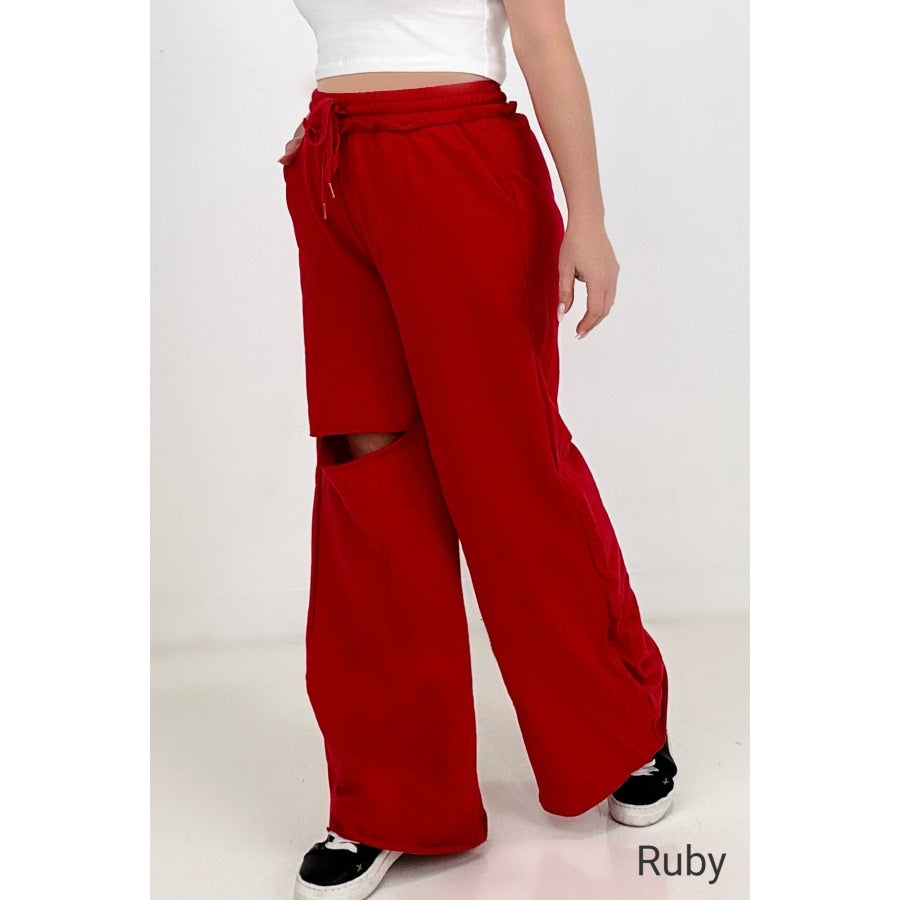 Zenana Distressed Knee French Terry Sweats With Pockets - New Colors Ruby / S Pants