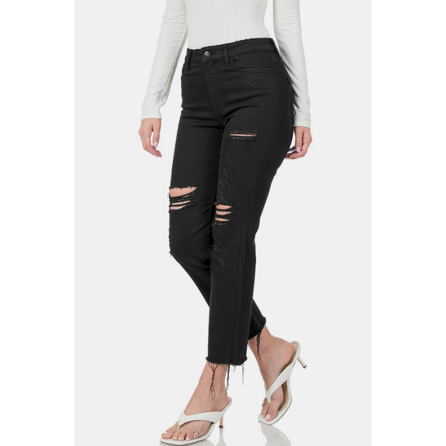 Zenana Distressed Raw Hem Cropped Jeans Apparel and Accessories