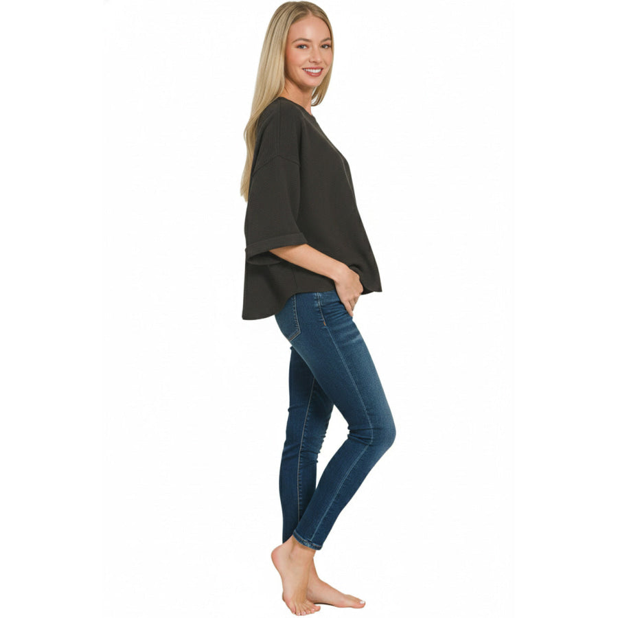 Zenana Double Knit Exposed Seam Curved Hem Top BLACK / S Apparel and Accessories