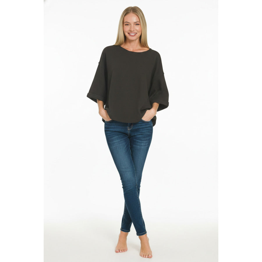 Zenana Double Knit Exposed Seam Curved Hem Top Apparel and Accessories