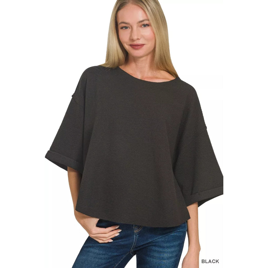 Zenana Double Knit Exposed Seam Curved Hem Top BLACK / S Apparel and Accessories