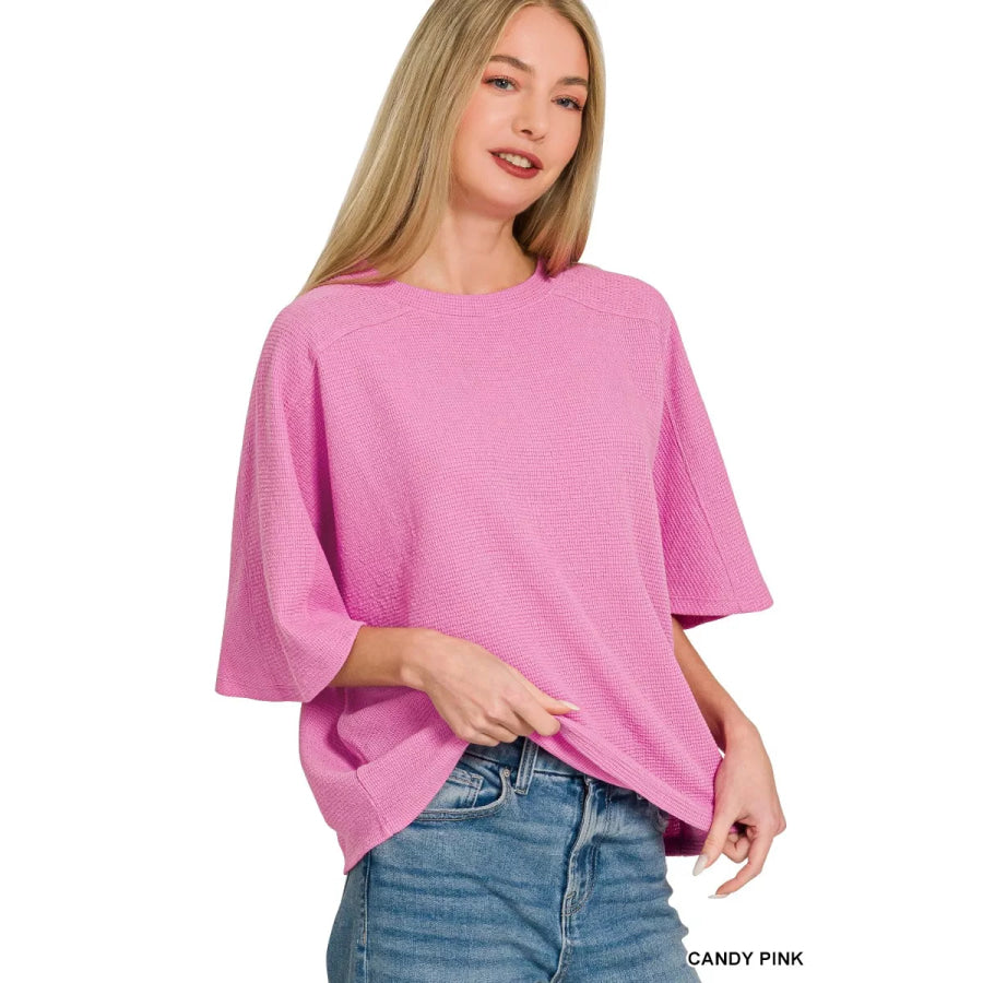 Zenana Double Knit Short Sleeve Top CANDY PINK / S Apparel and Accessories