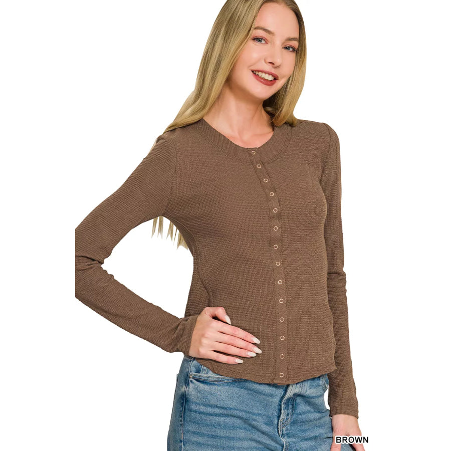 Zenana Double Knit Snap Button Shirts BROWN / S Apparel and Accessories