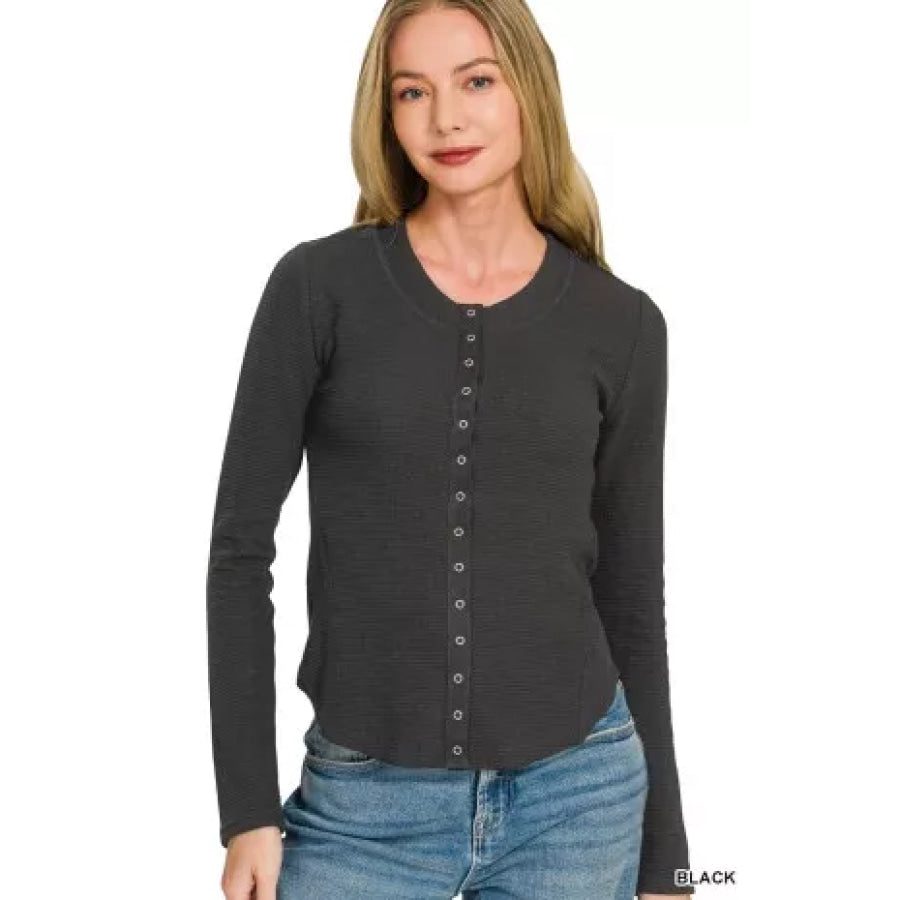 Zenana Double Knit Snap Button Shirts Apparel and Accessories